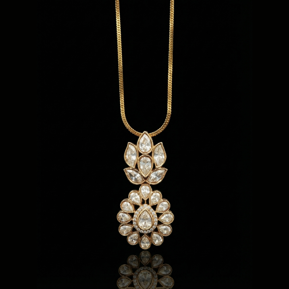 Diamond Polki Double Lotus Pendant Chain Necklace