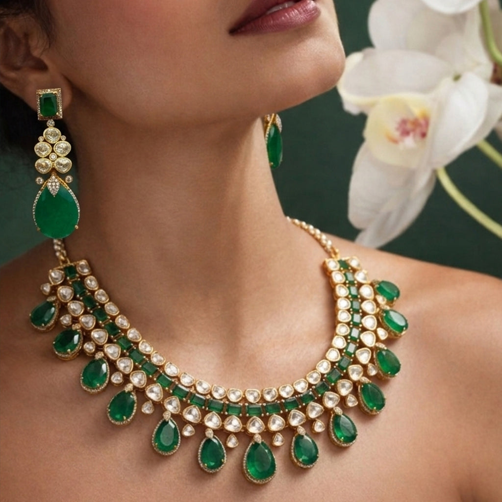 22 C GOLD PLATING Emerald Noor Royal Drop Necklace & Earrings Set