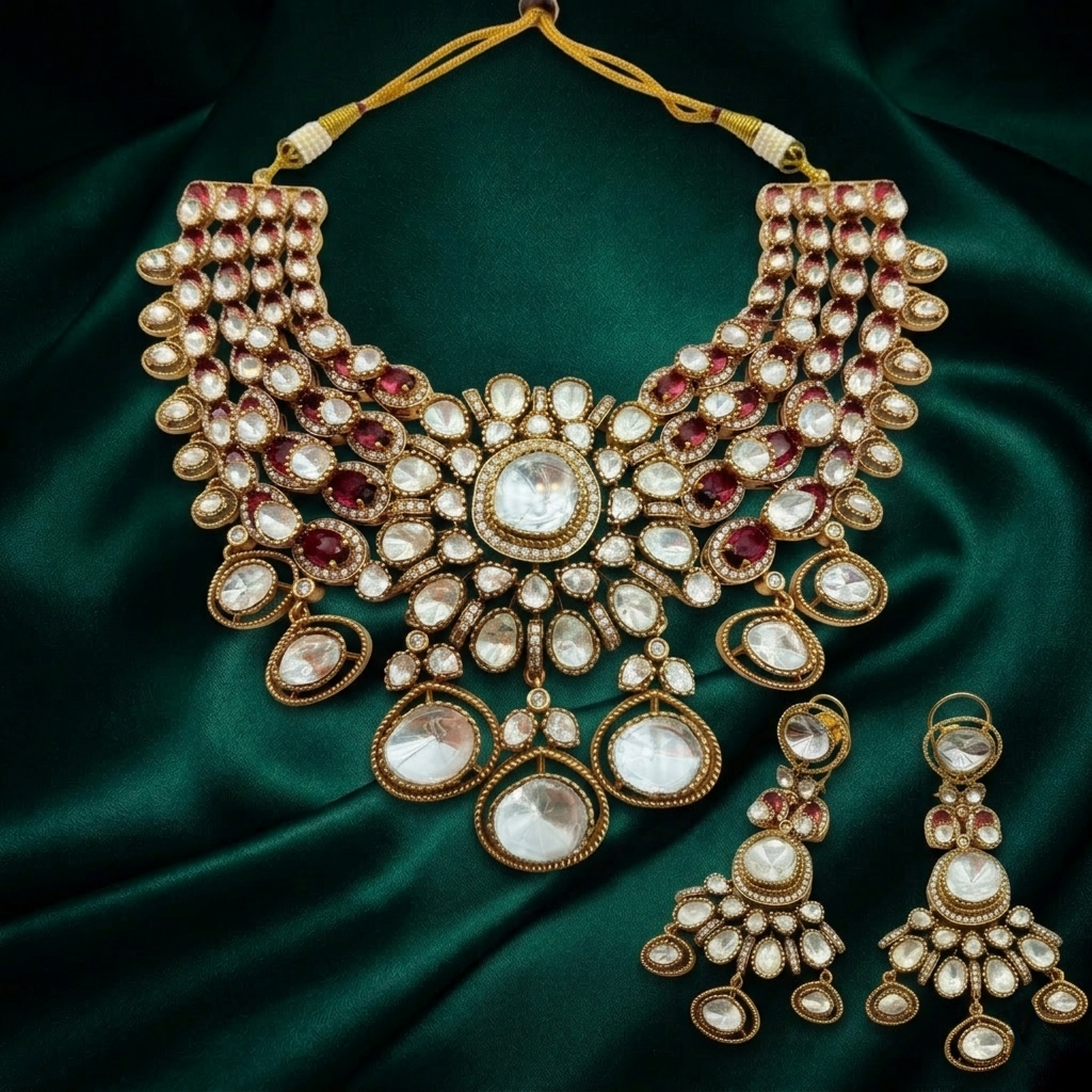Goldplating Set Necklace and Earrings in Ruby