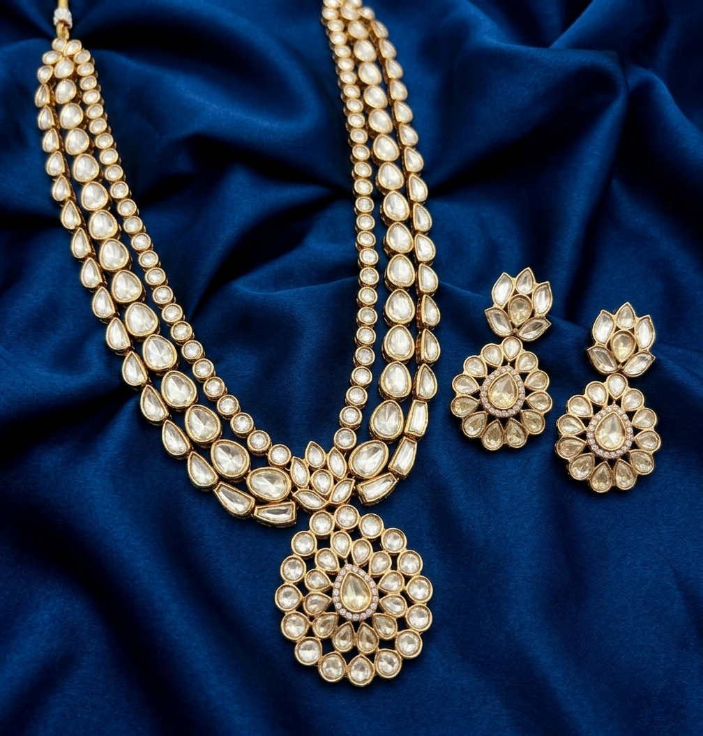 22 C GOLD PLATING Triple-Layered Polki Long Necklace