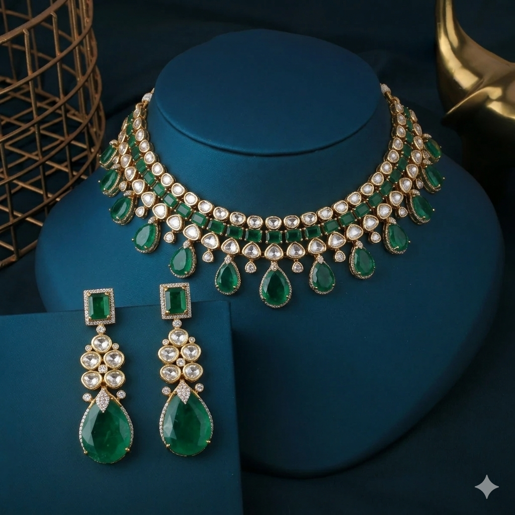 22 C GOLD PLATING Emerald Noor Royal Drop Necklace & Earrings Set