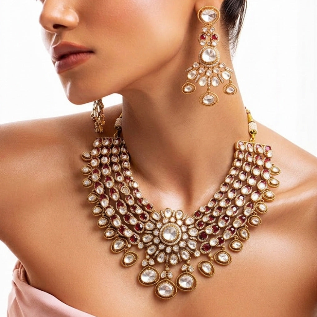 Goldplating Set Necklace and Earrings in Ruby