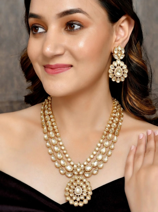 22 C GOLD PLATING Triple-Layered Polki Long Necklace