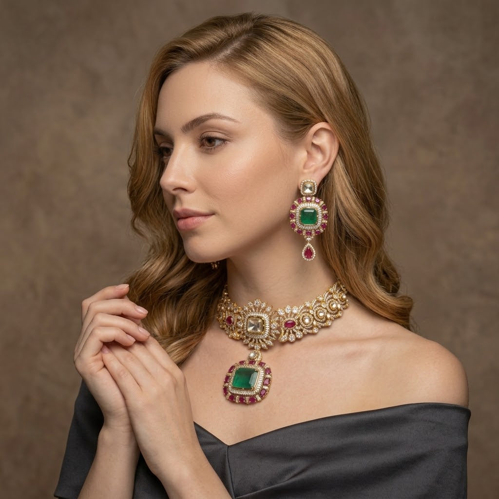 Emerald Ruby Polki Diamond Gold Necklace Set