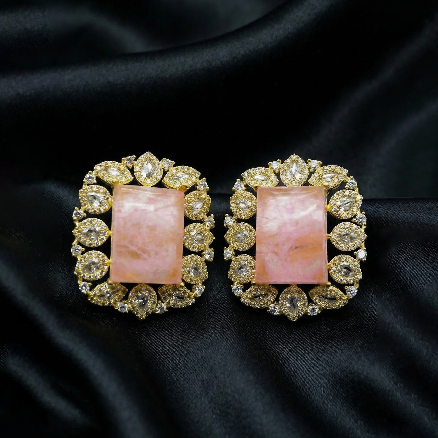 Blush Stone Halo Crystal Statement Earrings