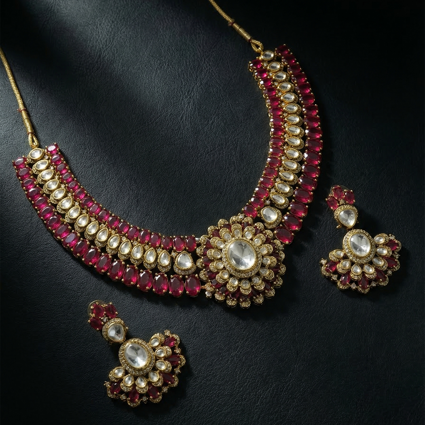 Kundan Polki Bridal Set Necklace and Earrings in Ruby Red
