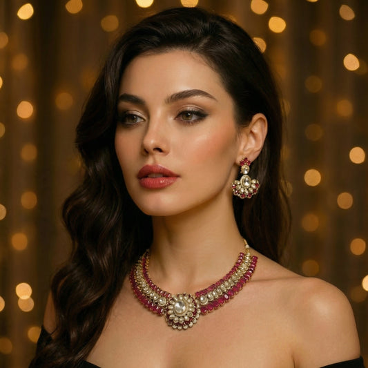 Kundan Polki Bridal Set Necklace and Earrings in Ruby Red